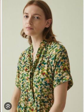 TOAST Abstract Print Midi Dress with Tie Detail in Green Multi